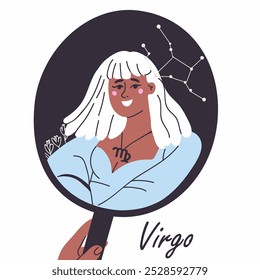 Mulher Virgem, signo do zodíaco. Personagem feminina elegante moderno, avatar horóscopo astrológico. Pessoa bonita refletida em um espelho, olhando para si mesma. Astróloga menina. Ilustração vetorial gráfica plana,