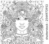 Virgo Woman.Astrological Zodiac Sign.Coloring book antistress for children and adults. Illustration isolated on white background.Zen-tangle style. Hand draw