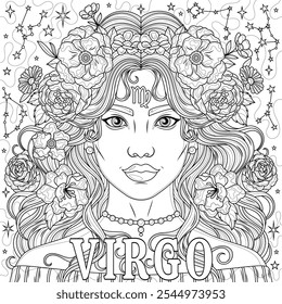 Virgo Mujer.Signo del zodiaco astrológico.Libro para colorear antiestrés para niños y adultos. Ilustración aislada sobre fondo blanco. Estilo de enredo zen. Dibujo a mano