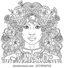 Virgo Woman.Astrological Zodiac Sign.Coloring book antistress for children and adults. Illustration isolated on white background.Zen-tangle style. Hand draw