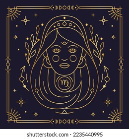 Virgo zodiac astrological horoscope golden sign dark navy card. Stylized symbol of esoteric, zodiacal astrological calendar, horoscope constellation thin line vector illustration