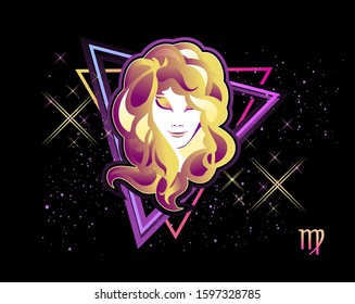 virgo zodiac Astrological horoscope, in retro style on a black background with neon luminous elements, sacred gothic symbols of the constellations, vector horizontal illustration