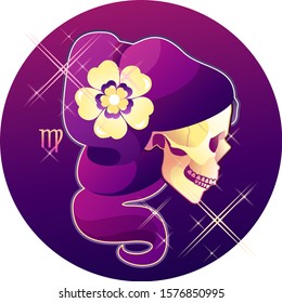 virgo zodiac astrological sign in round shape isolated on white background, in the Gothic style, horoscope with skulls, alchemy and occultism, vector illustration