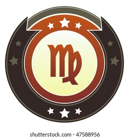 Virgo zodiac astrology icon on round red and brown imperial vector button with star accents suitable for use on website, in print and promotional materials, and for advertising.