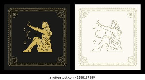 Virgo zodiac astrology symbol woman crescent stars line art deco vintage card set vector illustration. Horoscope astronomy sacred antique lunar calendar celestial female goddess character design