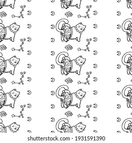 Virgo - zodiac cats seamless pattern. Black and white vector illustration.