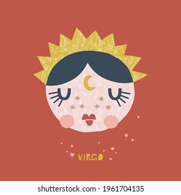 Virgo zodiac character nursery poster. Cartoon horoscope vector illustration. Magical Boho baby spiritual astrological design. Scandinavian decorative childish print.