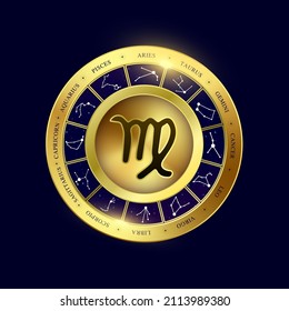 Virgo zodiac coin. Mean virgin. Witchcraft astrology for zodiac constellations. Modern magic divination. Gold coins sign isolated on a blue background esoteric. Realistic 3D vector EPS10 illustration.