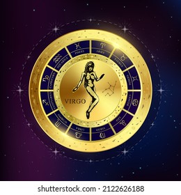 Virgo zodiac coin. Witchcraft astrology for zodiac constellations. Modern magic divination. Gold coins sign isolated on a blue background esoteric. Realistic 3D vector EPS10 illustration.