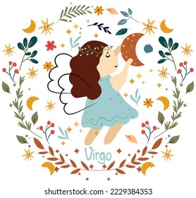 Virgo Zodiac in a colorful wreath of leaves and flowers around. Cute Virgo perfect for posters, logo, cards. Astrological Virgo zodiac. Vector illustration.