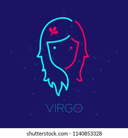 Virgo Zodiac constellation logo icon outline stroke set dash line design illustration isolated on dark blue background with virgo text and copy space
