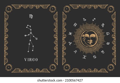 Virgo zodiac constellation on black background, drawn horoscope card in engraving style. Vintage illustration of astrological sign with Sun and Crescent in vector.