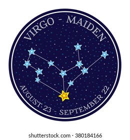 Virgo zodiac constellation in space. Cute cartoon style vector illustration. Round emblem with zodiac sign name and dates