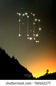 Virgo zodiac constellations sign with forest landscape silhouette on beautiful starry sky with galaxy and space behind. Virgo horoscope symbol constellation on deep cosmos background. Card design