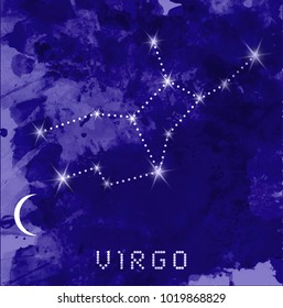 Virgo zodiac constellations sign on beautiful starry sky with galaxy and space behind. Virgin horoscope symbol constellation on deep cosmos background. Vector watercolor style