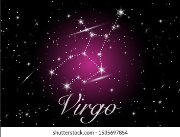 Virgo zodiac constellations sign on beautiful starry sky with galaxy and space behind. Virgin horoscope symbol constellation on deep purple cosmos background.