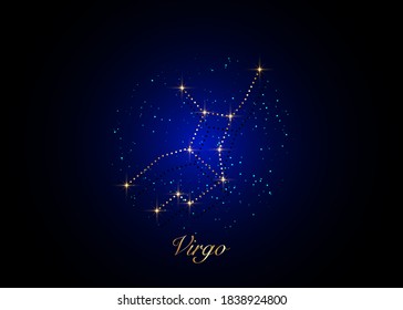 Virgo zodiac constellations sign on beautiful starry sky with galaxy and space behind. Gold Virgin horoscope symbol constellation on deep cosmos background