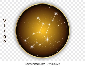 Virgo zodiac constellations sign on beautiful starry sky with galaxy and space behind. Virgin horoscope symbol constellation on deep cosmos background. Vector isolated 