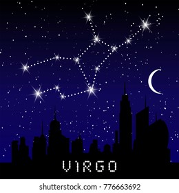 Virgo zodiac constellations sign on beautiful starry sky with galaxy and space behind. Virgin horoscope symbol constellation on deep cosmos background.