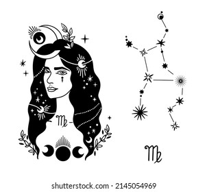 Virgo zodiac hand drawn sign isolated clipart on white, unique astrology symbol and constellation, mystical horoscope sign in black silhouette, modern vector