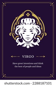 Virgo zodiac horoscope celestial symbol woman curved portrait vintage poster design template vector illustration. Astrological female face lunar calendar character description mythical sacred astral