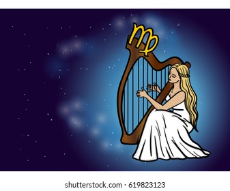 Virgo zodiac horoscope sign girl with long blond hair playing on harp