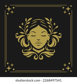 Virgo zodiac horoscope symbol esoteric female floral portrait vintage golden card design vector illustration. Mythology woman face astrology sign black star ornament antique frame magic constellation