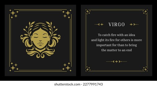 Virgo zodiac horoscope woman floral portrait mythic star vintage card design template set vector illustration. Astrological female face esoteric mythical constellation lunar calendar future prediction