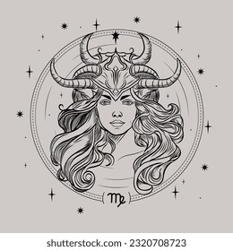 Virgo Zodiac illustration, hand drawn vector, tarot.