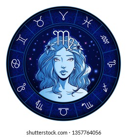 Virgo zodiac sign artwork, beautiful girl face, horoscope symbol, star sign, vector illustration