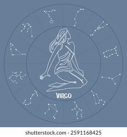 Virgo zodiac sign in astrological circle with zodiac constellations, horoscope. Blue and white design