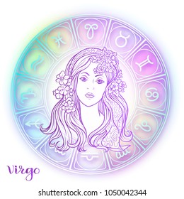 Virgo Zodiac sign. Astrological horoscope collection. Violet on soft ultra violet space  background. Vector illustration