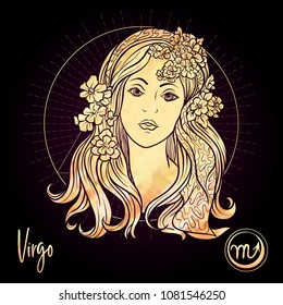 Virgo  Zodiac sign. Astrological horoscope collection. Rose gold on black dackground. Vector illustration