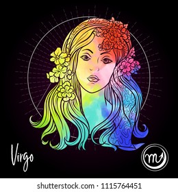 Virgo Zodiac sign. Astrological horoscope collection. Multicolor on black dackground. Vector illustration