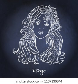 Virgo, Zodiac sign. Astrological horoscope collection. White on dark  blue, black space  background. Vector illustration