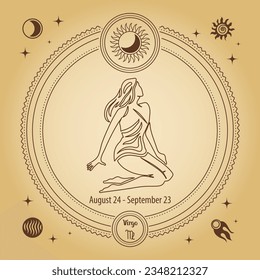 Signo de Virgo Zodiac, signo de horoscopio astrológico. Dibujo de esquema en un círculo decorativo con símbolos astronómicos místicos. Vector	