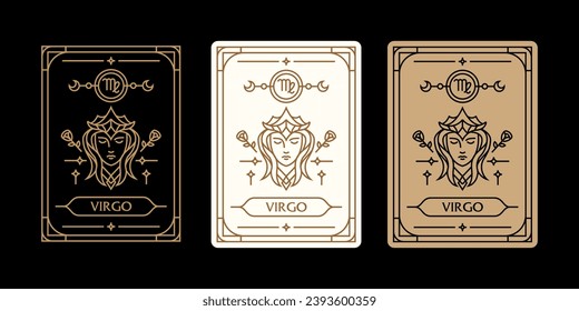 
virgo zodiac sign astrology cards set , horoscope, tarot, fortune teller. Vintage mystical illustration outline hand drawing, magical esoteric horoscope templates for wall print poster