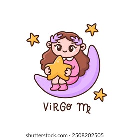 Virgem, signo do zodíaco. Símbolo de menina de astrologia, símbolo de horóscopo. Constelação de estrelas. Personagem de desenho animado kawaii bonito. Elemento da terra. Menina senta-se na lua com estrela em suas mãos