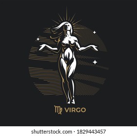 Virgo zodiac sign. Zodiac, astrology, stars. A beautiful woman stands with her arms outstretched. Woman, hair, beauty.