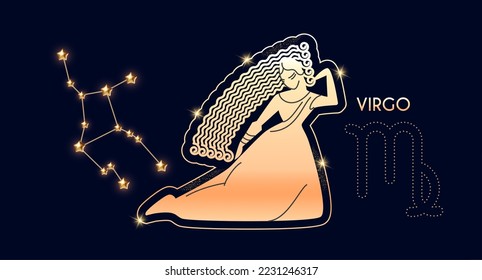 Virgo. Zodiac sign, beast and connstellation oh blue background