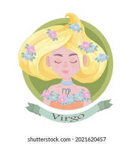 Virgo Zodiac sign as a beautiful girl with lush hair. Set of bright signs of the zodiac. Horoscope. Astronomy. Vector illustration isolated on white background.