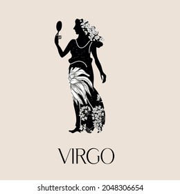 Virgo zodiac sign. Black silhouette with white flowers. The symbol of the astrological horoscope.  Vector illustration.