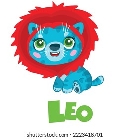 virgo zodiac sign, blue cat with red mane, year of the cat, isolated object on white background, cartoon illustration, vector, eps