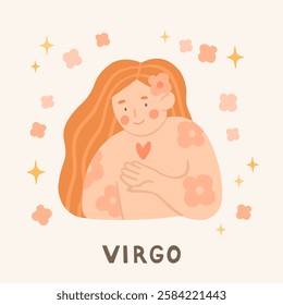 Virgo - zodiac sign. Cartoon vector illustrations in flat style. Beautiful woman with heart and flowers. Astrology symbol. Template for greeting card or banner