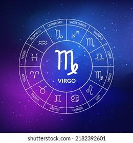 Virgo zodiac sign. Zodiac circle on a dark blue background of the space. Astrology. Cosmogram. twelve signs of the zodiac. Vector illustration