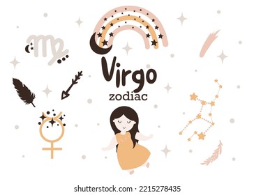 Virgo zodiac sign clipart - cute kids horoscope, zodiac stars, constellation, rainbow, planet, leaves, arrow and comet isolated Vector illustration on white background. Cute vector astrological charac