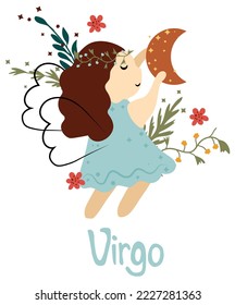 Virgo Zodiac sign with colorful leaves and flowers around. Cute Virgo perfect for posters, logo, cards. Astrological Virgo zodiac. Vector illustration.