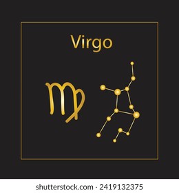 Virgo Zodiac Sign and Constellation, gold icon isolated on black background.