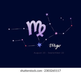 Virgo zodiac sign with constellation and handlettering isolated on dark background. Vector illustration EPS 10.