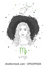 Virgo zodiac sign and constellation. Vector illustration with a beautiful horoscope symbol girl on grunge background. 